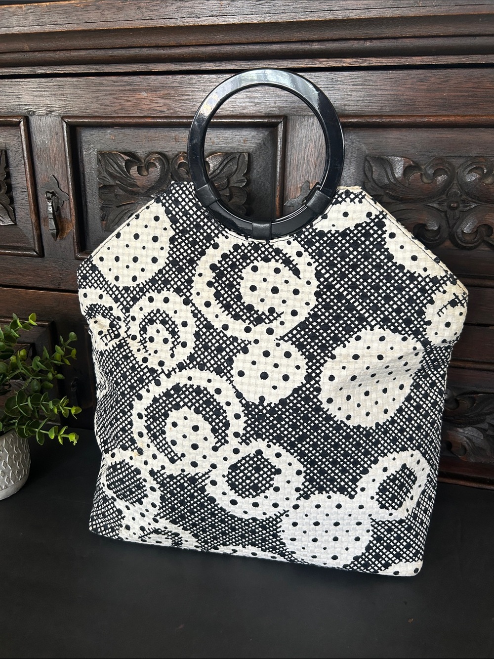 Black and White Patterned Tote with Round Top Handles